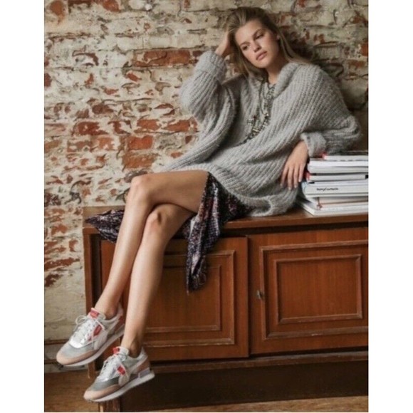 Free People NEW Oasis Tunic Pullover Sweater In Silver Glass Combo Oversized S